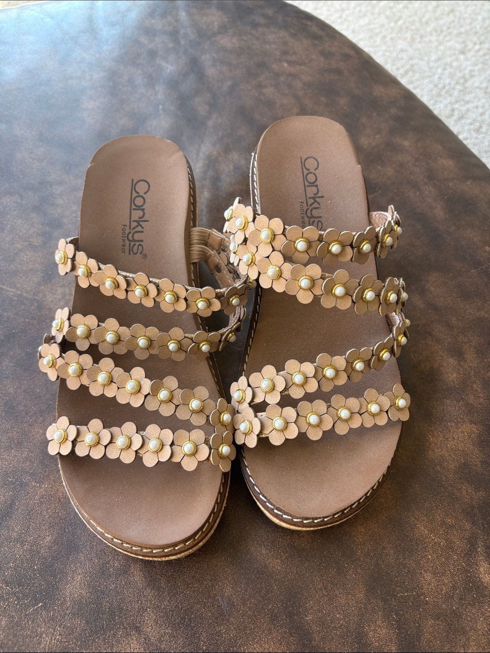 Corkys Tan Floral Multi-Strap Slide Sandals
